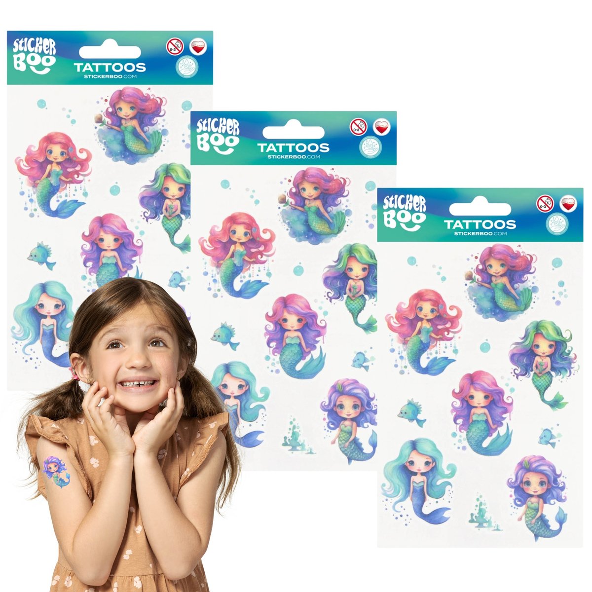 Syrenki Zestaw tatuaży dla dzieci, tatuaże dla dzieci zmywalne x3