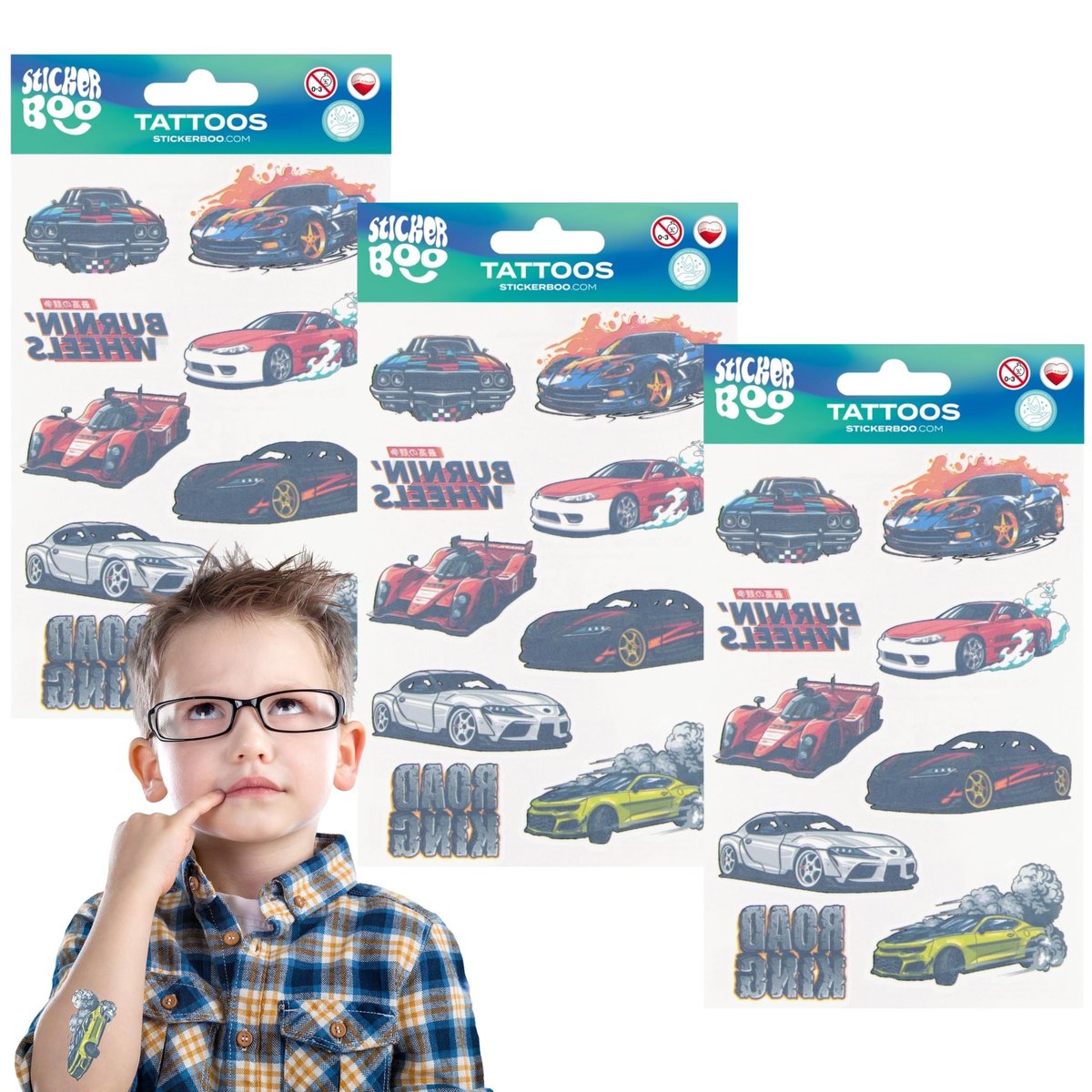 Samochody Zestaw tatuaży dla dzieci, tatuaże dla dzieci zmywalne x3