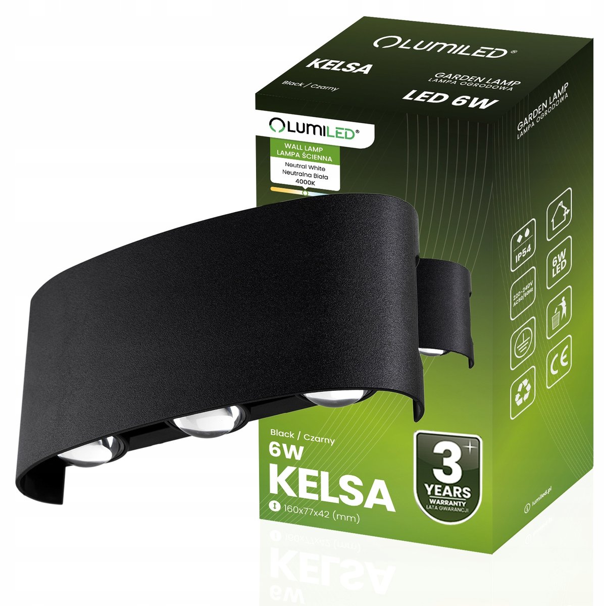 LAMPA ELEWACYJNA LED 6W ZEWNĘTRZNA ŚCIENNA CZARNA KINKIET OGRODOWY 4000K
