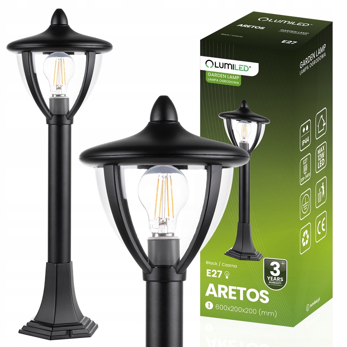 Lampa Ogrodowa Zewnętrzna Stojąca LATARNIA SŁUPEK 60cm LED E27 CZARNA IP44