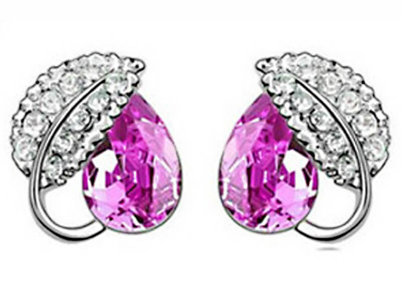 Subtelne kolczyki różowe listki z cyrkoniami na sztyfcie na prezent