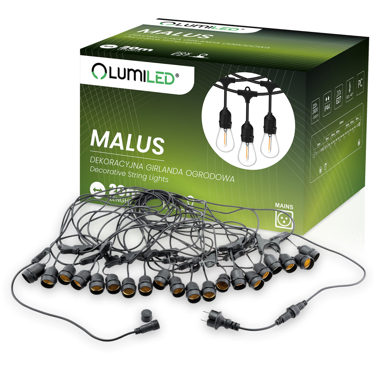 Girlanda Ogrodowa Zewnętrzna MALUS Łańcuch Świetlny 20m 20x E27 + Żarówki LED 1W 2700K Lumiled