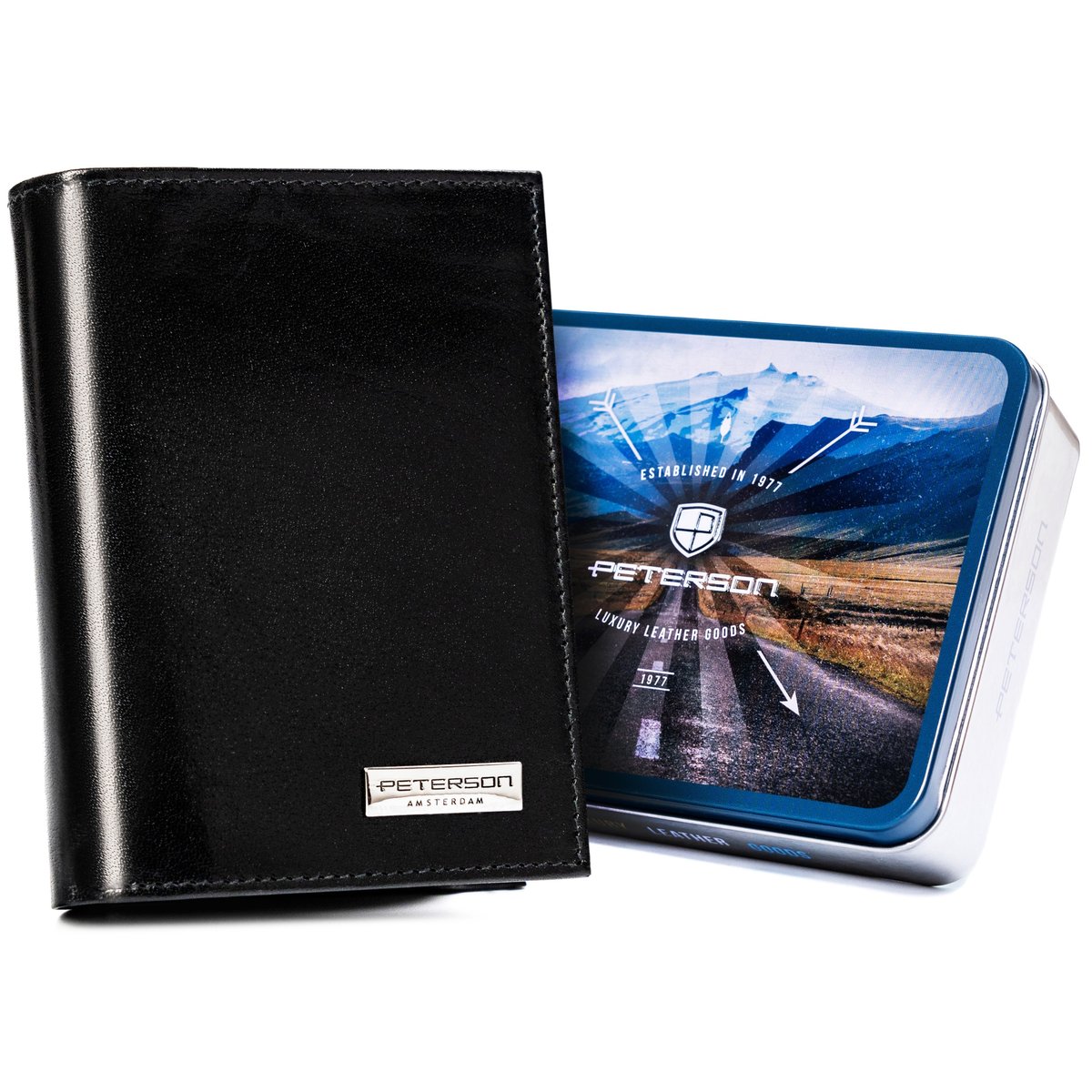 Skórzany portfel męski Peterson na karty z ochroną RFID praktyczna pojemna portmonetka, czarny