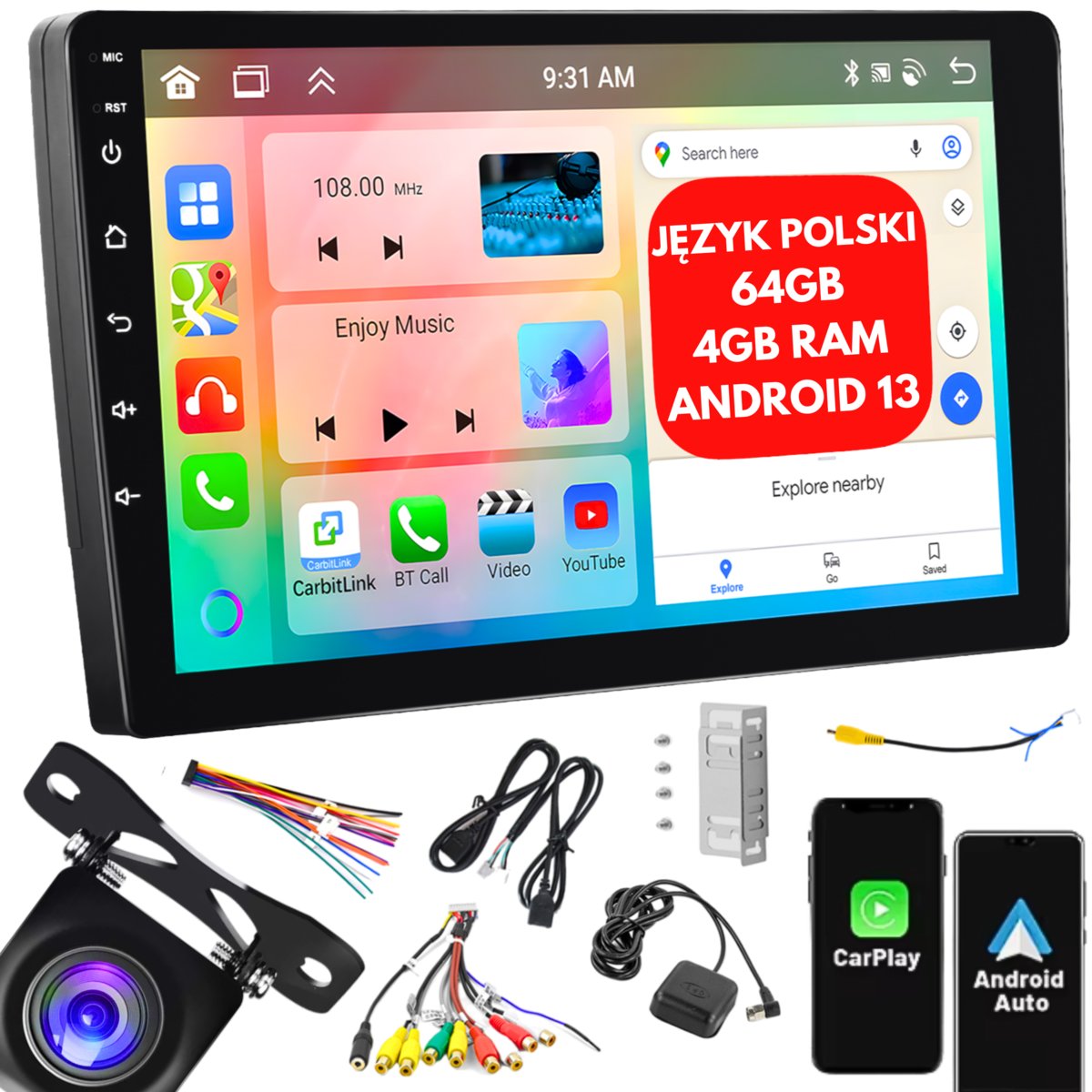RADIO SAMOCHODOWE 2 DIN 4GB/64GB ANDROID AUTO CARPLAY ANDROID 13 RDS DSP 9