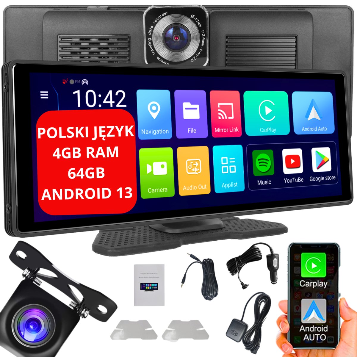RADIO STACJA MULTIMEDIALNA EKRAN MONITOR CARPLAY ANDROID AUTO MIRROR LINK ANDROID 13 WIDEOREJESTRATOR DVR NA TAPICERKĘ DESKĘ ROZDZIELCZĄ KAMERA COFA..