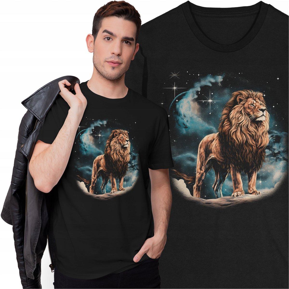 Koszulka Lew Zwierzęta Natura Środowisko Las Dżungla Księżyc Gwiazdy