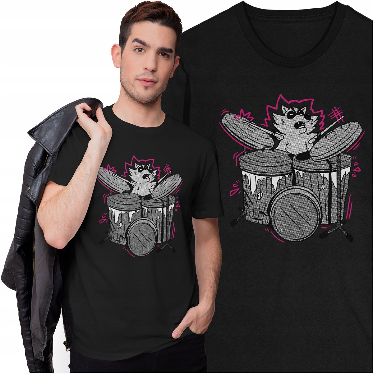 Koszulka dla Perkusisty Muzyka Szop Pracz Zwierzęta Perkusja