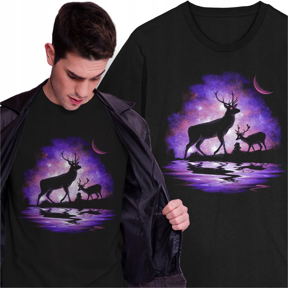 Koszulka Jeleń Natura Zwierzęta Galaktyka Kosmos Księżyc Odbicie Rogi