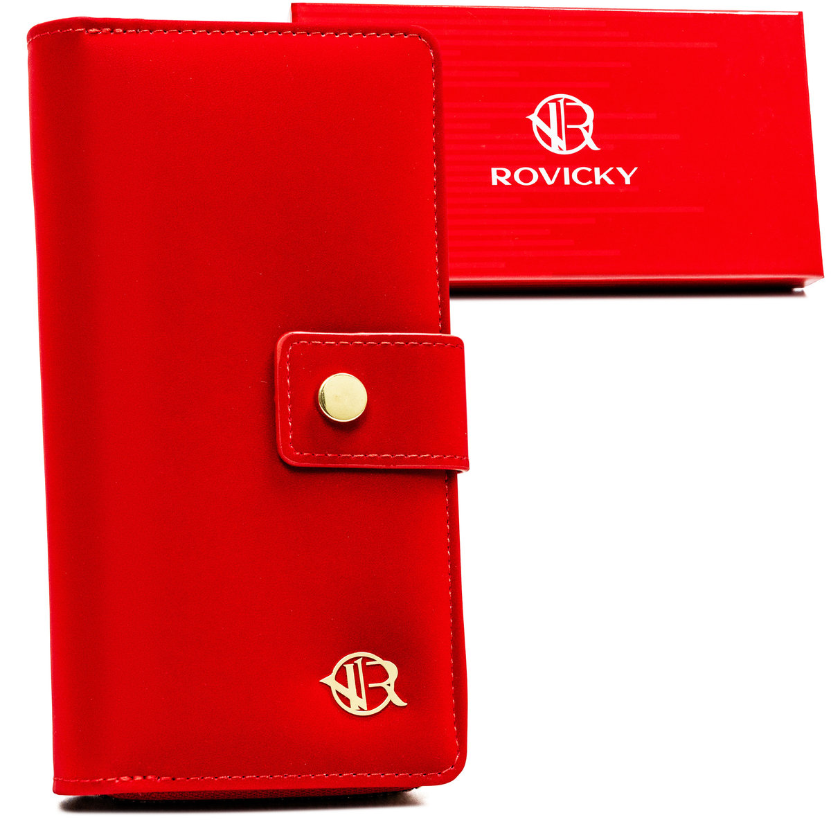 Portfel eko damski Rovicky na magnes modny pojemny na karty i dokumenty portmonetka na suwak, czerwony