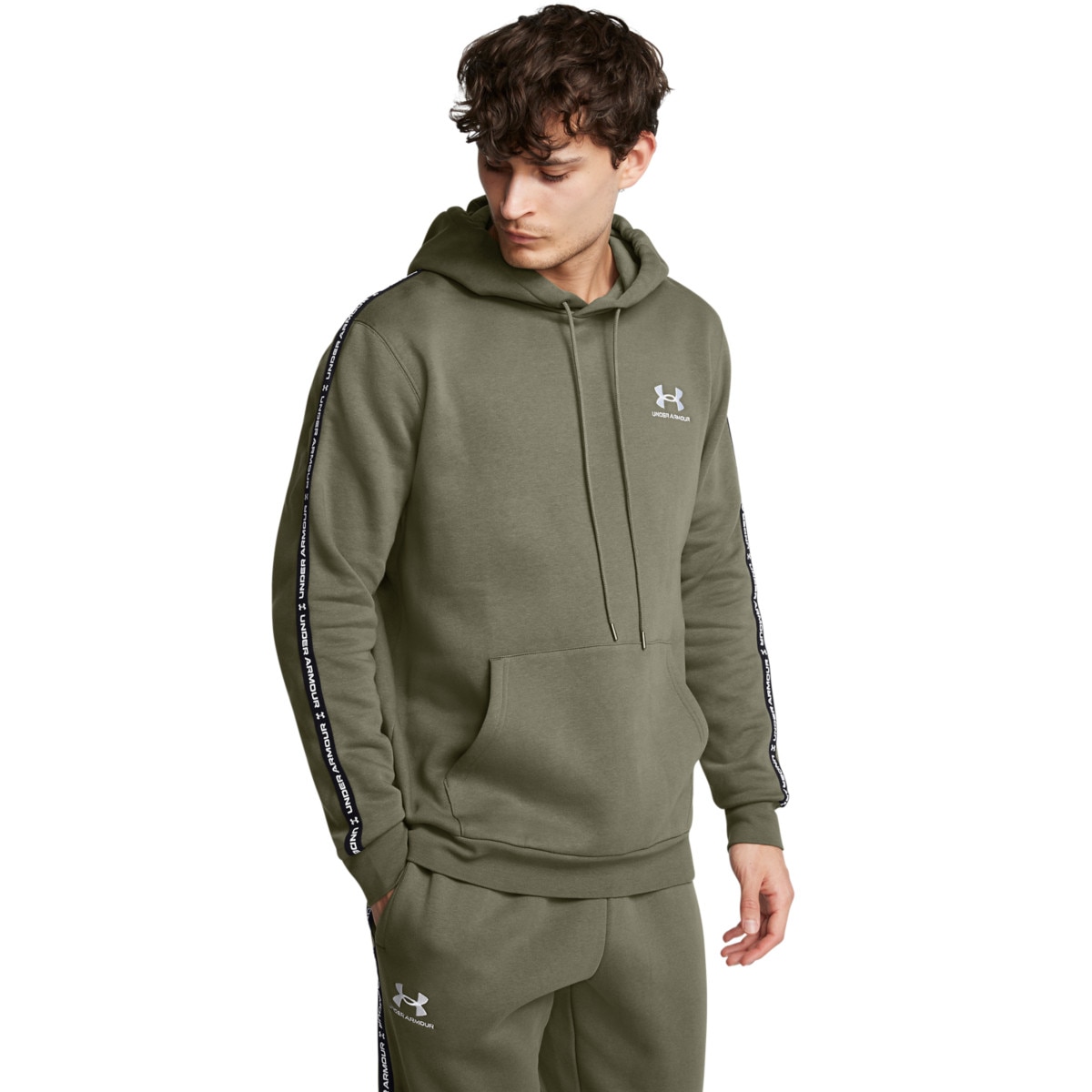 Męska bluza dresowa nierozpinana bez kaptura Under Armour UA Icon Fleece Hd Taping - khaki - UNDER ARMOUR