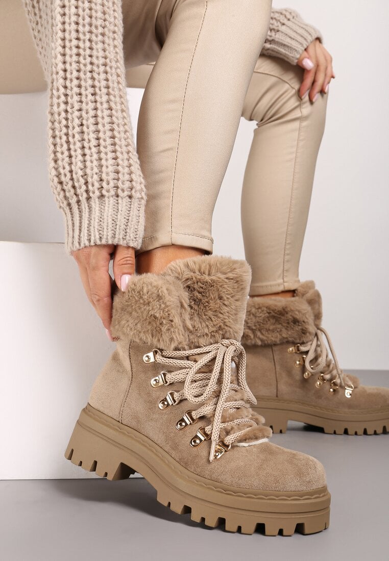 Ciemnobeżowe Traperki z Futerkiem na Grubej Podeszwie Tairene