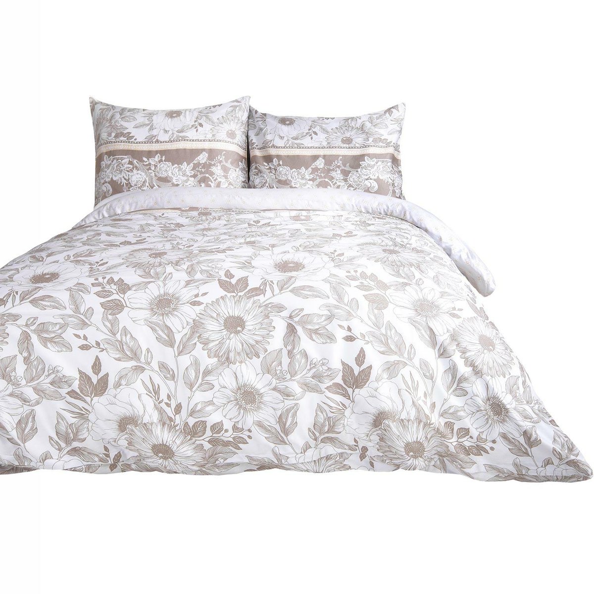 Pościel satynowa 220x200 Kwiaty biała beżowa Satynlove