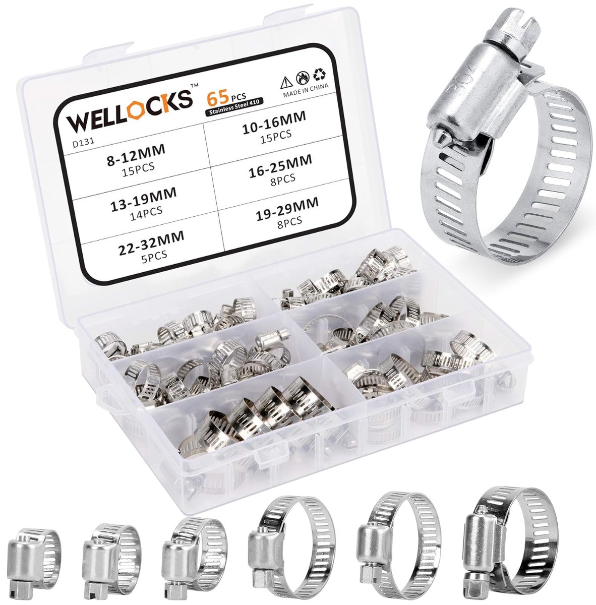 Zestaw 65 szt. metalowych opasek ślimakowych zaciskowych nierdzewnych