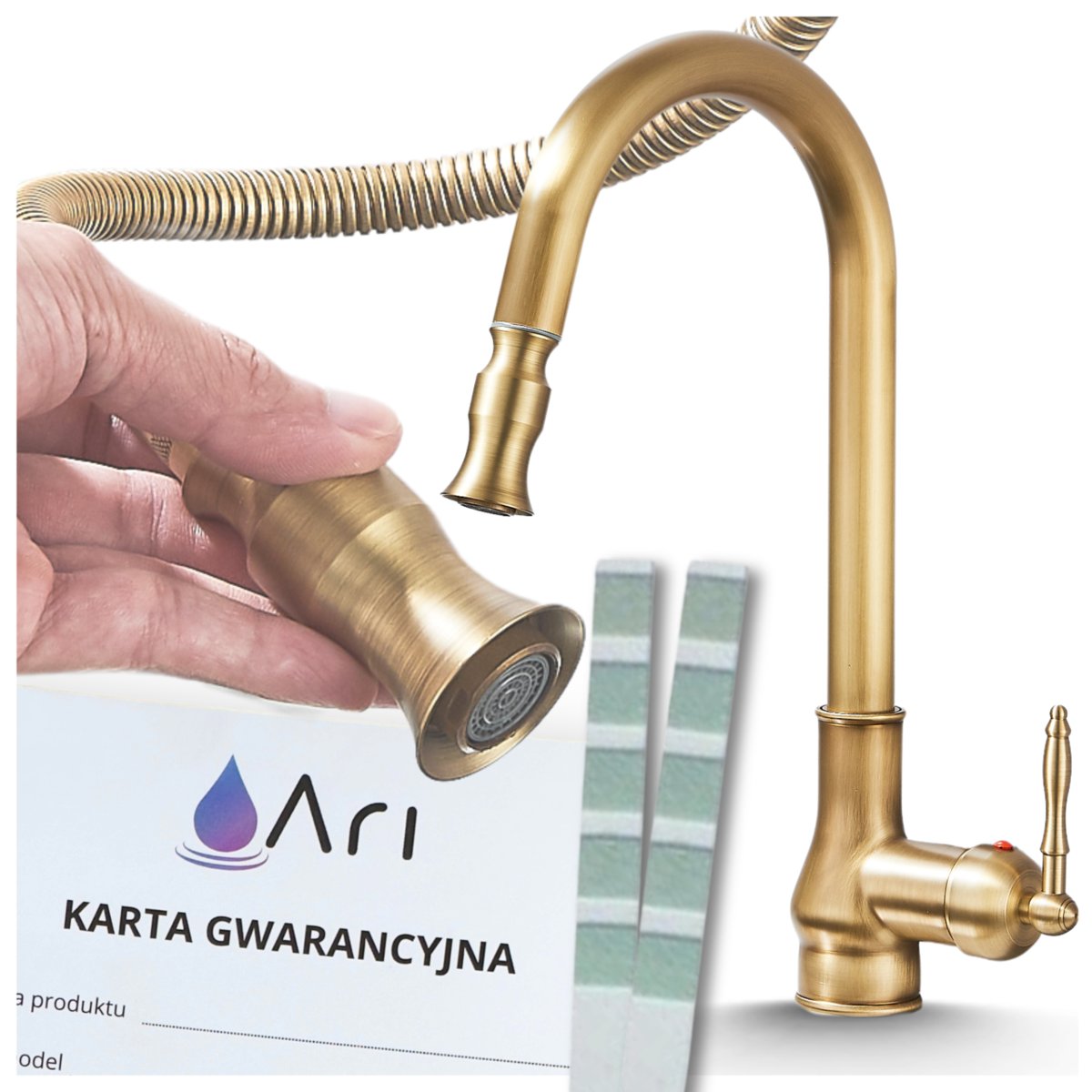 Bateria Kuchenna z Wyciąganą Elastyczną Wyjmowaną Obrotową Wylewką Kran Do Kuchni z Perlatorem Stary Styl RETRO Vintage Złota Bateria Zlewozmywakowa..