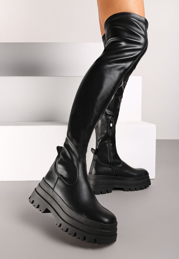 Czarne Kozaki na Grubej Podeszwie w Stylu Muszkieterek Sezina