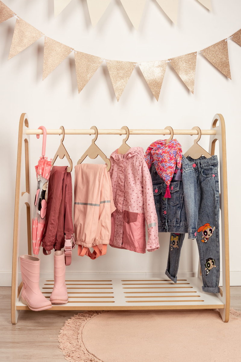 MINI garderoba szafa wieszak montessori + 5 drewnianych wieszaczków