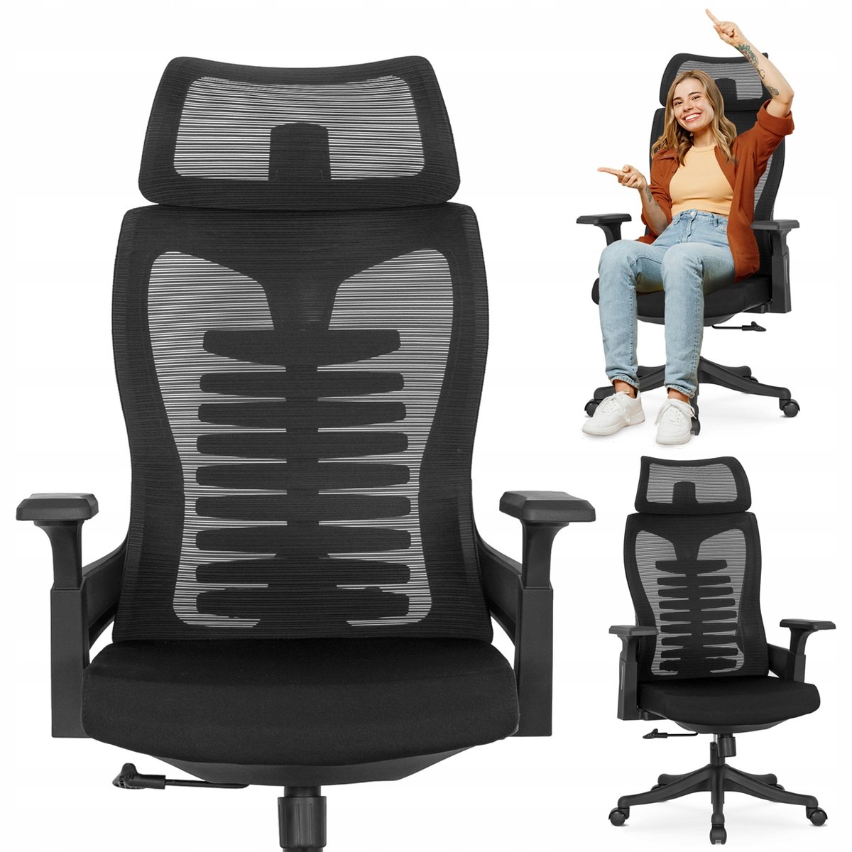 Fotel Ergonomiczny Biurowy Obrotowy Krzesło Obrotowe Do Biurka CARET Czarny