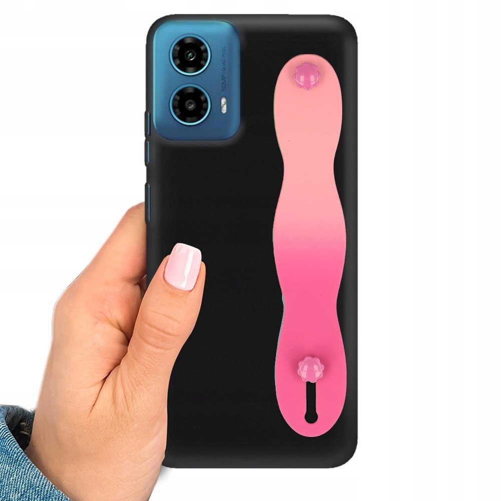 Etui MATOWE CZARNE do MOTOROLA G34 5G z PASKIEM OMBRE RÓŻOWY Smooth Uchwyt