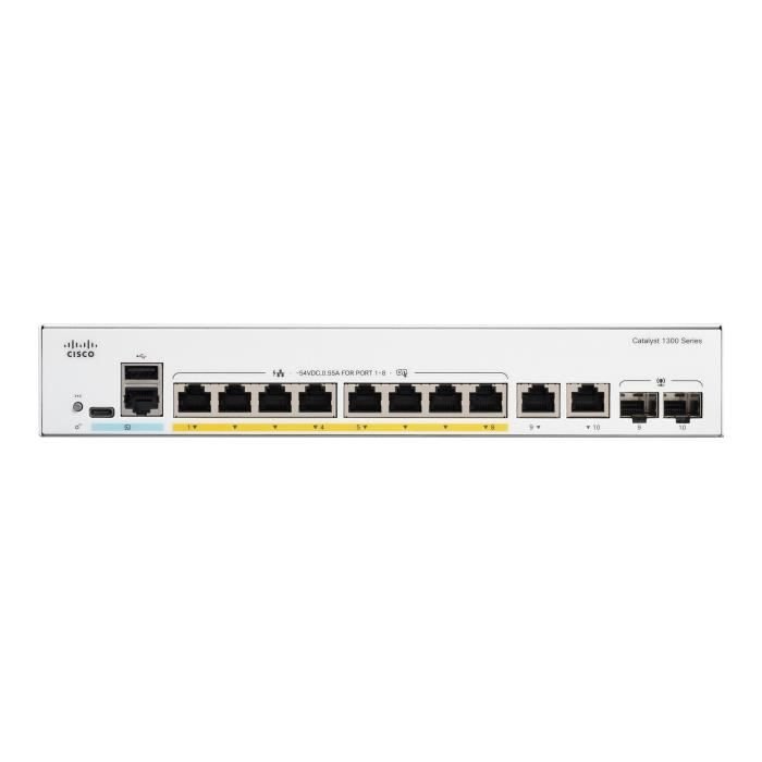 - Cisco - Cisco Catalyst 1300-8FP-2G - Switch - C3 - Zarządzany - 8 x 10/100/1000 (PoE+) + 2 x połączenie Gigabit SFP/RJ-45 - Montaż
