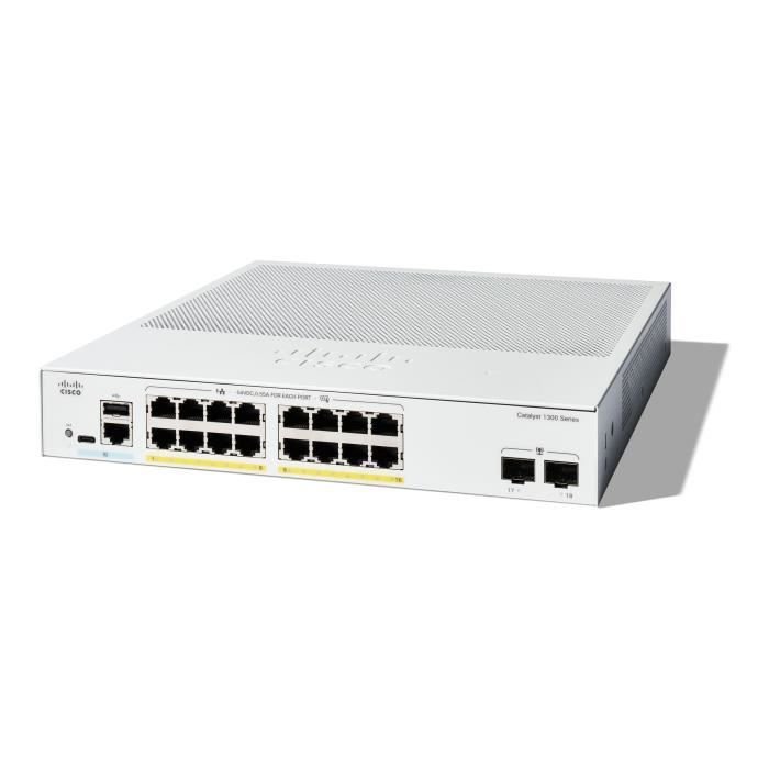 - Cisco - Cisco Catalyst 1300-16FP-2G - Switch - C3 - Zarządzany - 16 x 10/100/1000 (PoE+) + 2 x Gigabit Ethernet SFP - Możliwość montażu na
