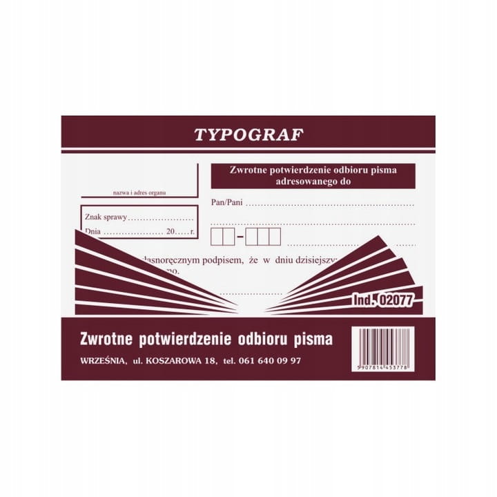 DRUK ZWROTNE POTWIERDZENIE PISMA ADRES TYP