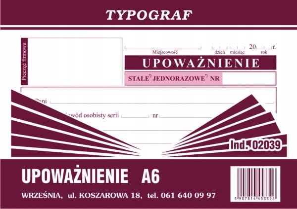DRUK OFFSETOWY UPOWAŻNIENIE TYPOGRAF A6/80 02039
