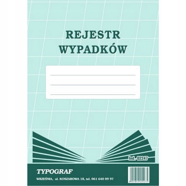 DRUK REJESTR WYPADKÓW A4 20 KARTEK TYPOGRAF