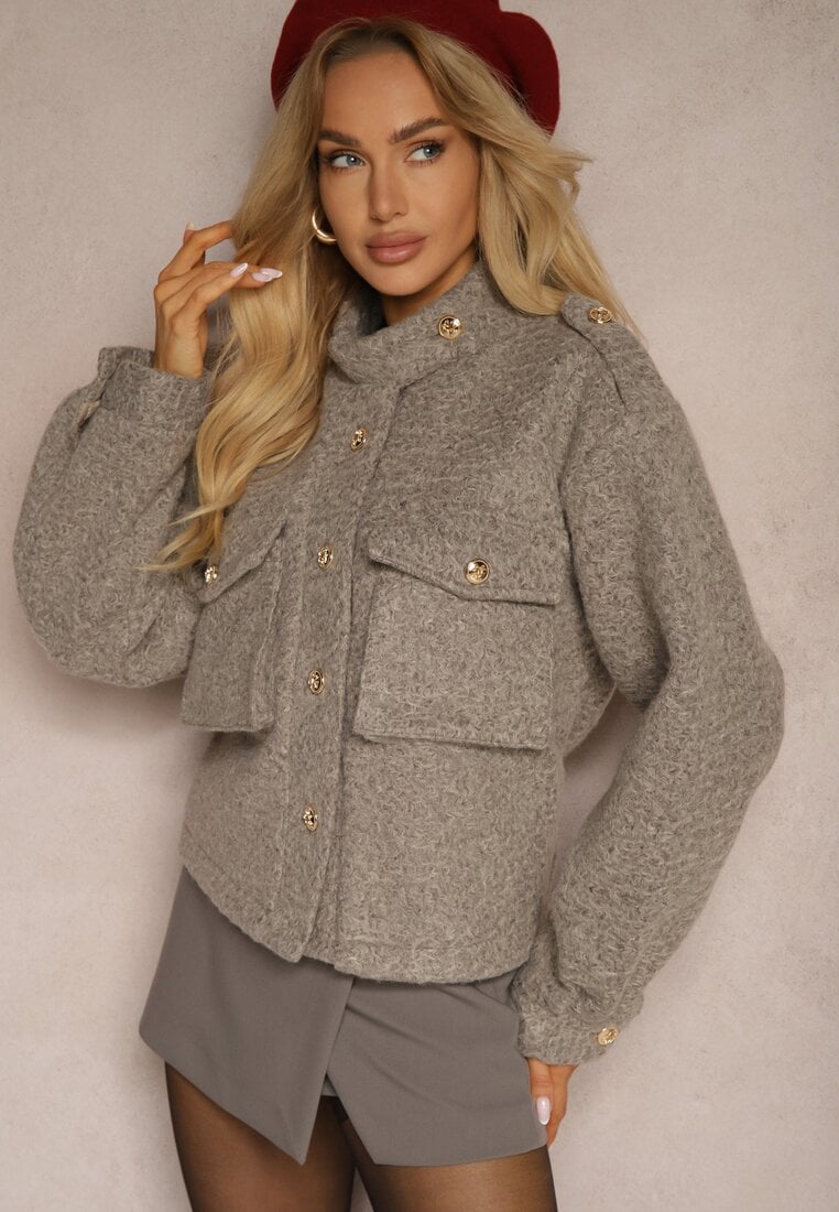 Brązowa Kurtka Utility z Kieszeniami z Klapami i Bufiastymi Rękawami Niraleen