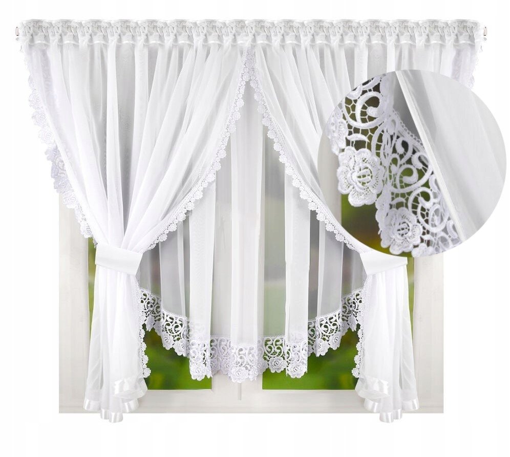 FIRANA GOTOWA Z GIPIURA w KWIATKI FIRANKA WOAL BIAŁA na TAŚMIE 400x150 cm