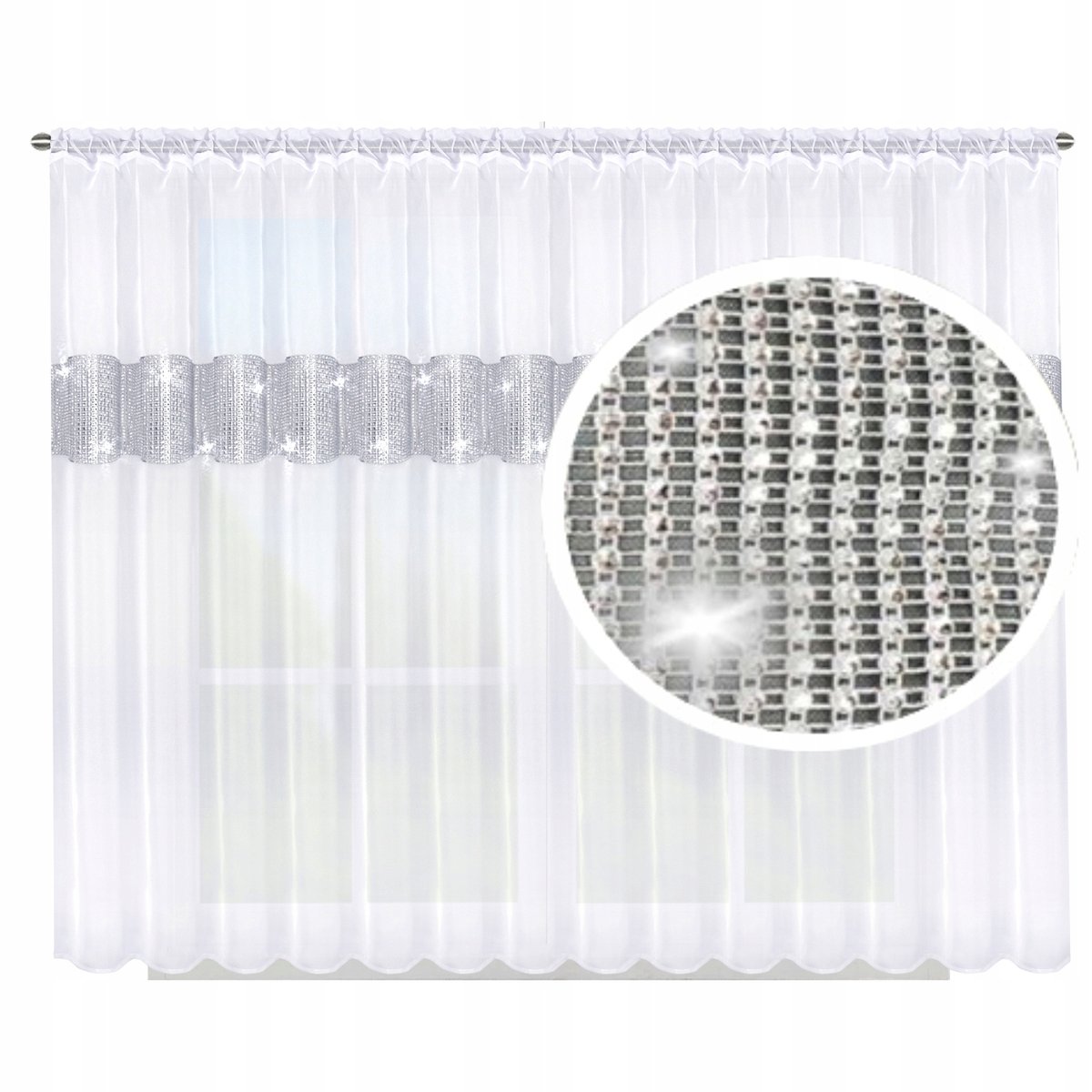 FIRANA GOTOWA BIAŁA Z CYRKONIAMI FIRANKA WOAL na TAŚMIE 400x150 cm