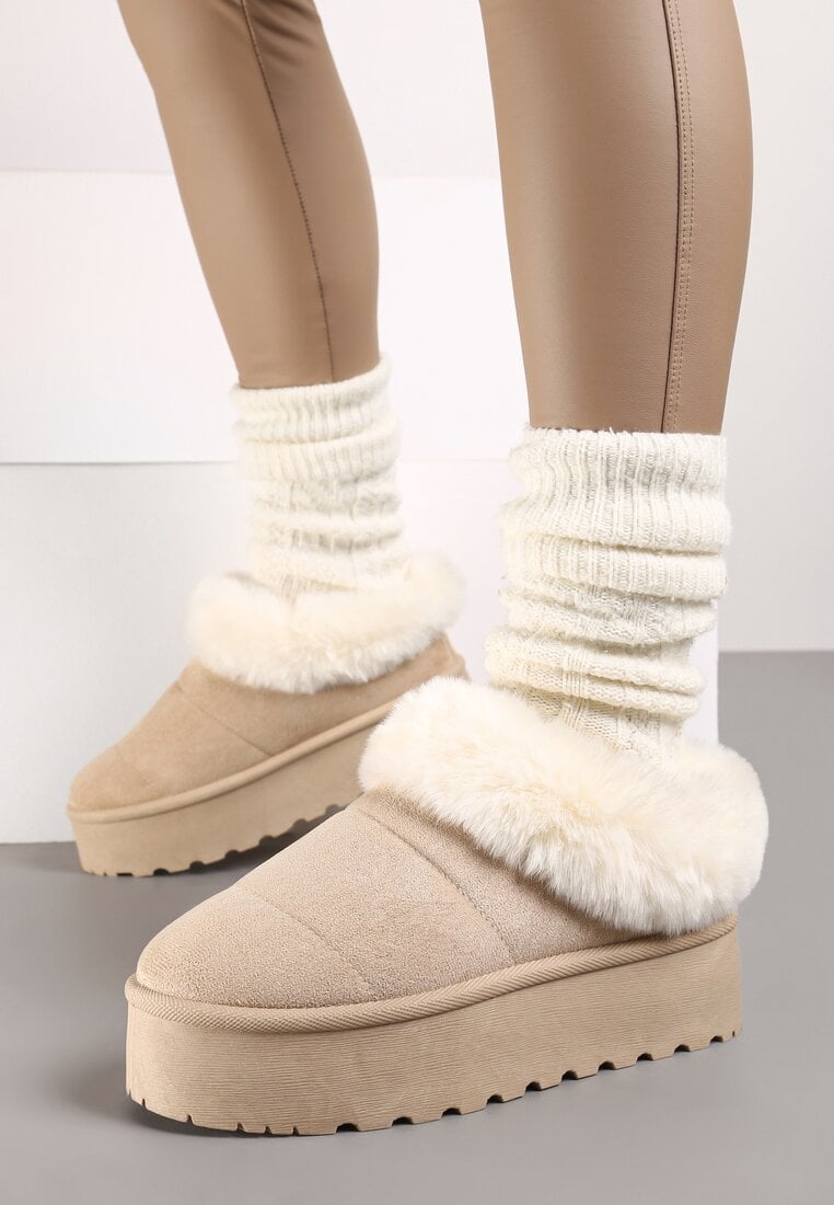 Beżowe Śniegowce na Platformie z Wywiniętym Futerkiem Tiriola