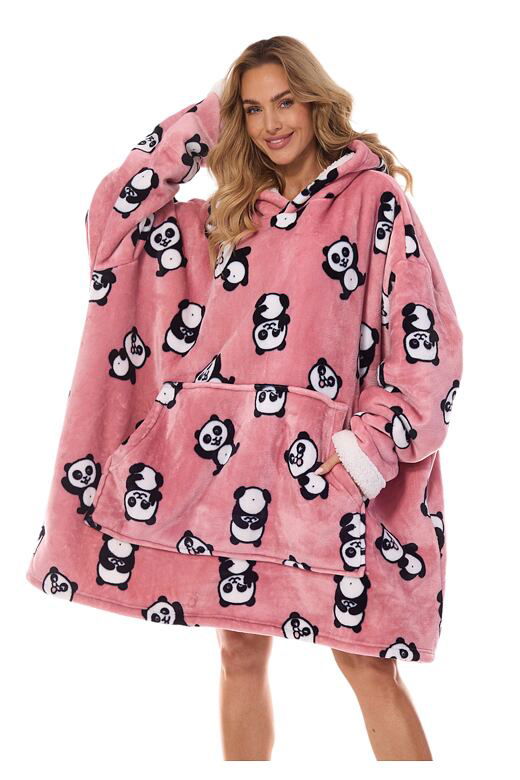 Oversize różowa bluza Hoodie z kapturem i z pandami.  uni