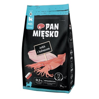 Karma sucha dla psa Pan Mięsko Indyk z kalmarami chrupki M 9 kg (szczeniak)