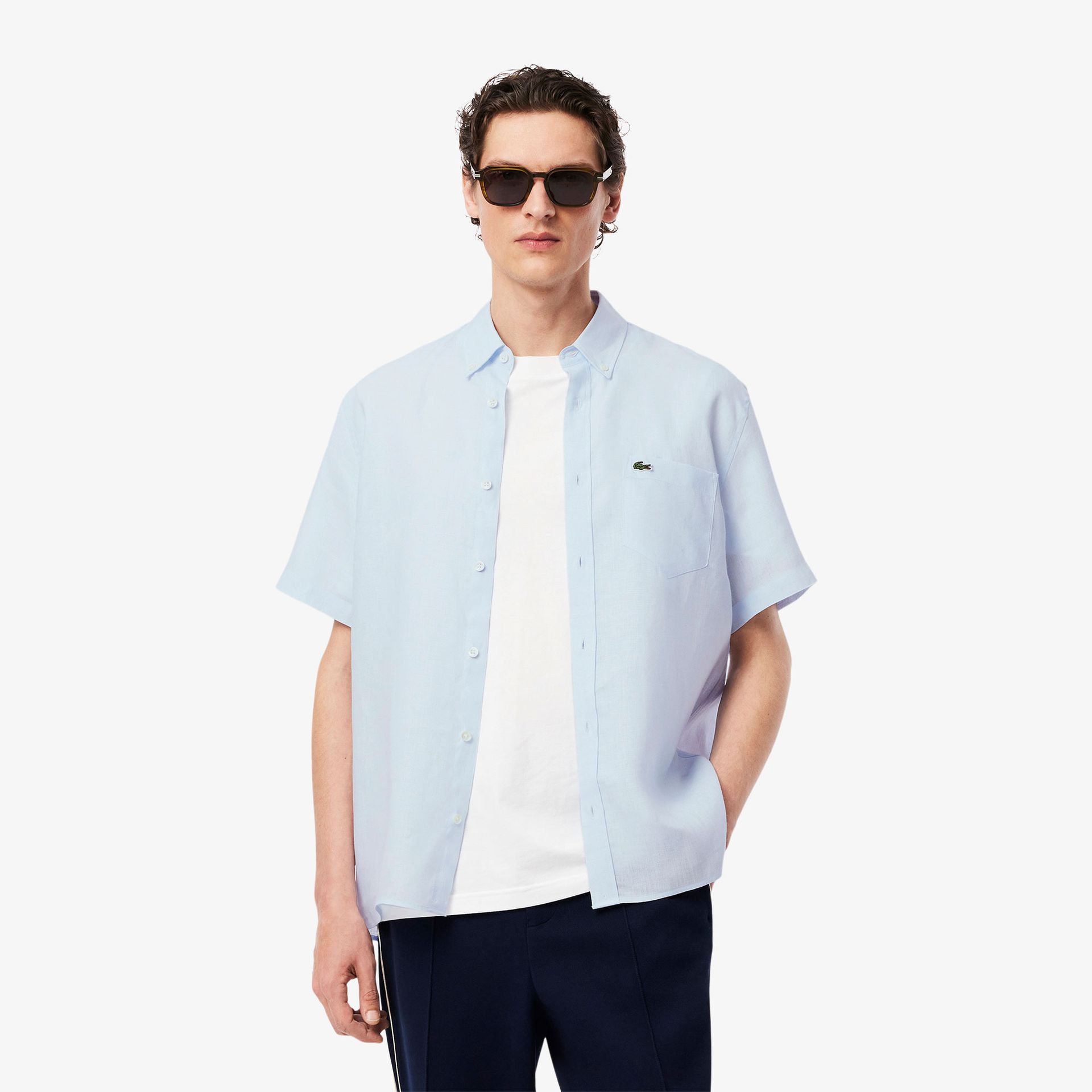 Lacoste męska koszula lniana z krótkim rękawem