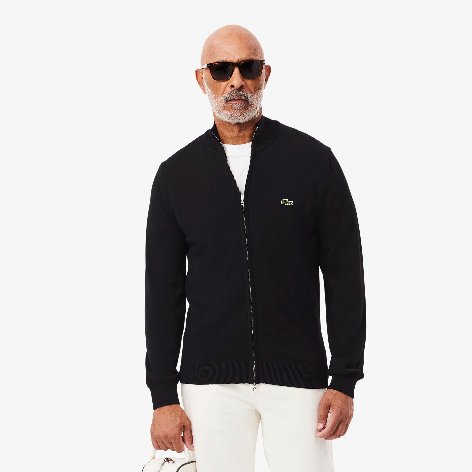 Monochromatyczny bawełniany sweter z wysokim kołnierzem i zamkiem błyskawicznym