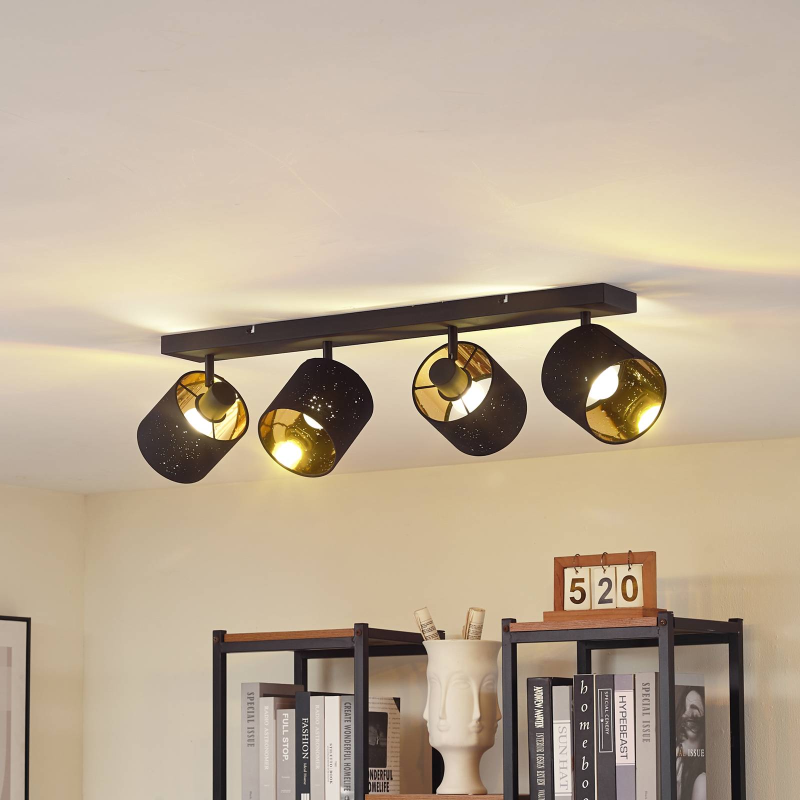 Lampa sufitowa Lindby Vasilia, 4-punktowa, czarny/złoty, tkanina