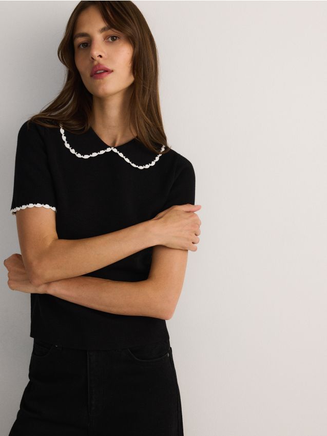 Reserved - Bluza z ozdobnym kołnierzem - czarny