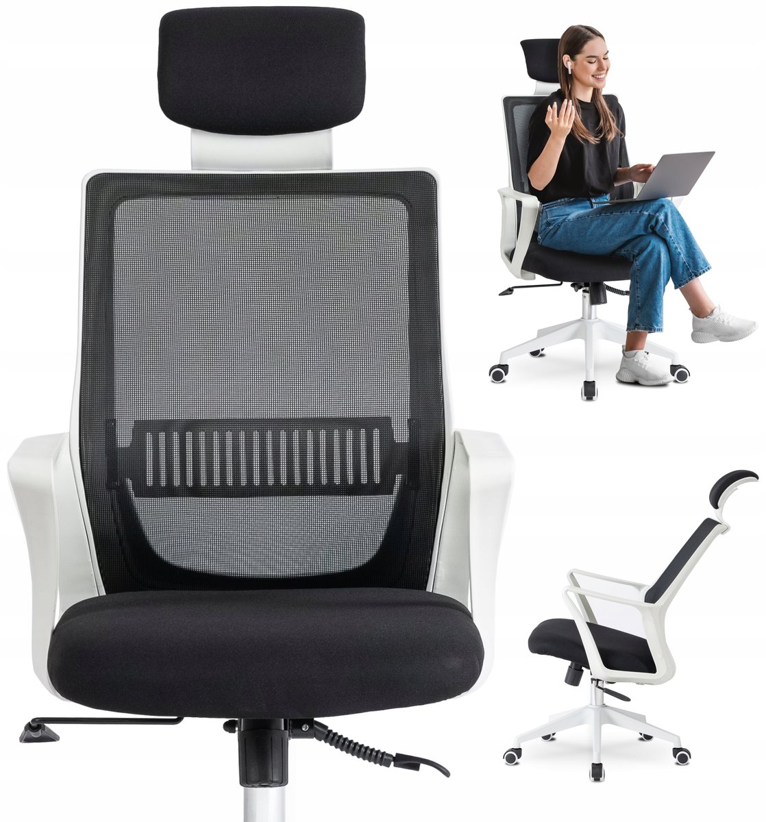 Krzesło Obrotowe Biurowe Fotel Ergonomiczny Obrotowy Biały Czarny FLEX