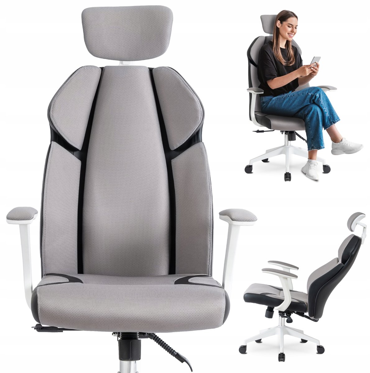 Krzesło Obrotowe Biurowe Fotel Ergonomiczny Obrotowy Szary Biały DUNCAN