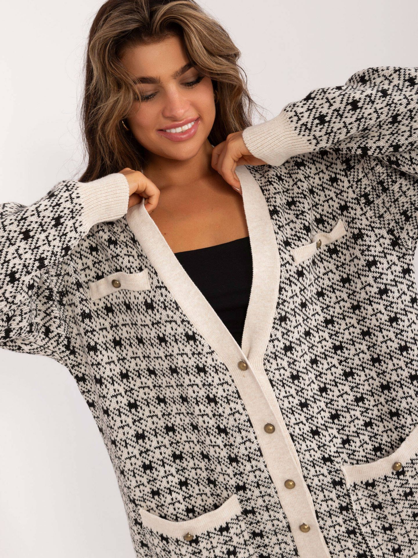 Kardigan damski oversize beżowy (0533) - Factory Price