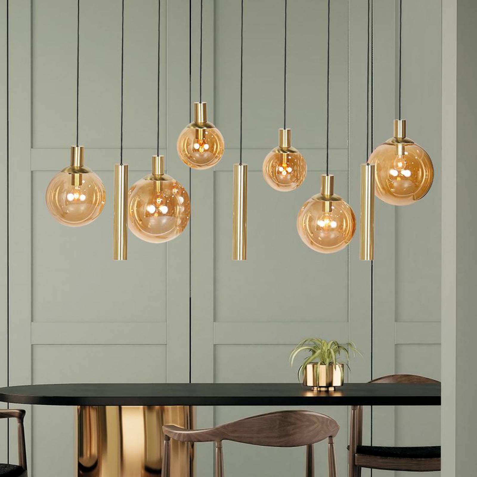 Steinhauer Lampa wisząca Bollique, mosiądz, 9-punktowa, szkło, metal