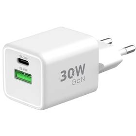 Ładowarka sieciowa WG 1x USB, 1x USB-C, GaN, 30 W + USB-C kabel 1 m (12458) Biała