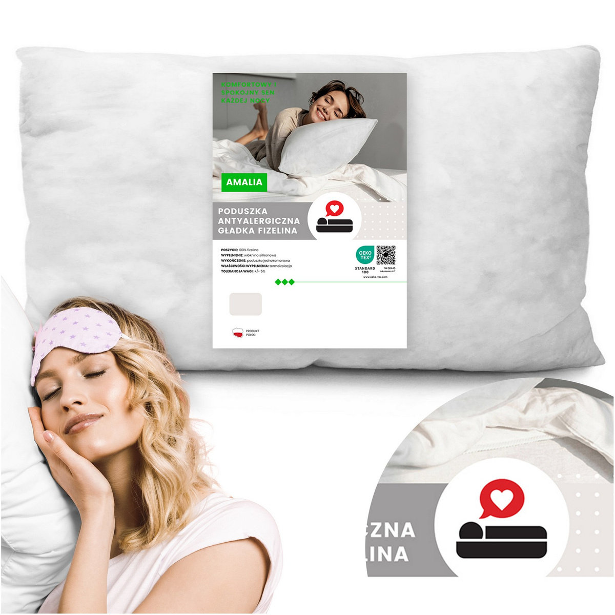 Poduszka do Spania Antyalergiczna 40x60 Fizelinowa Silikon Amalia