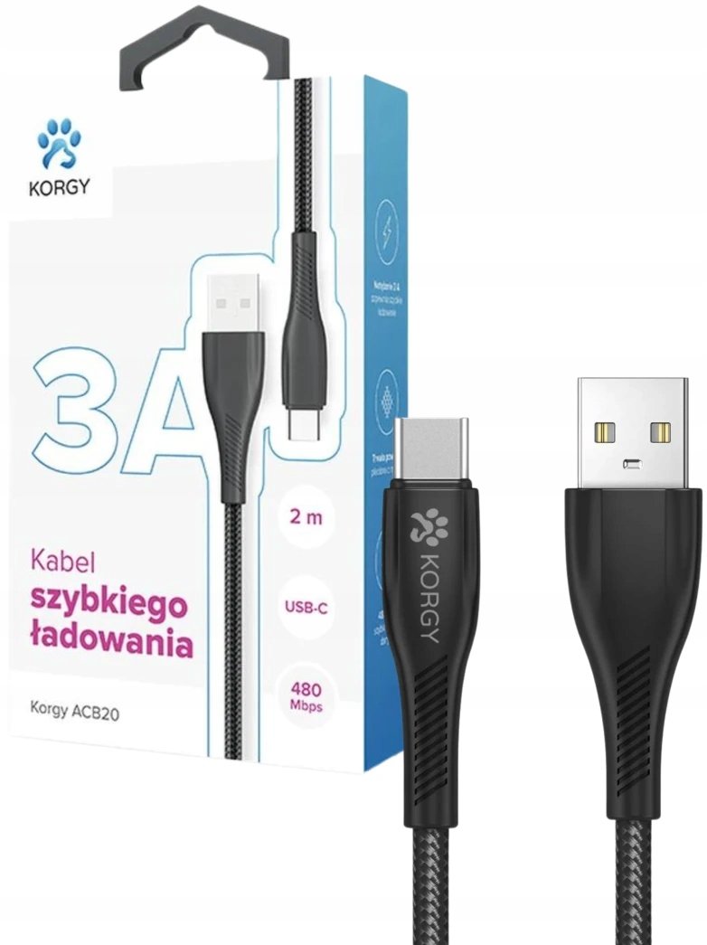 Kabel USB-A - USB-C Korgy ACB20 2m Czarny Oplot nylonowy