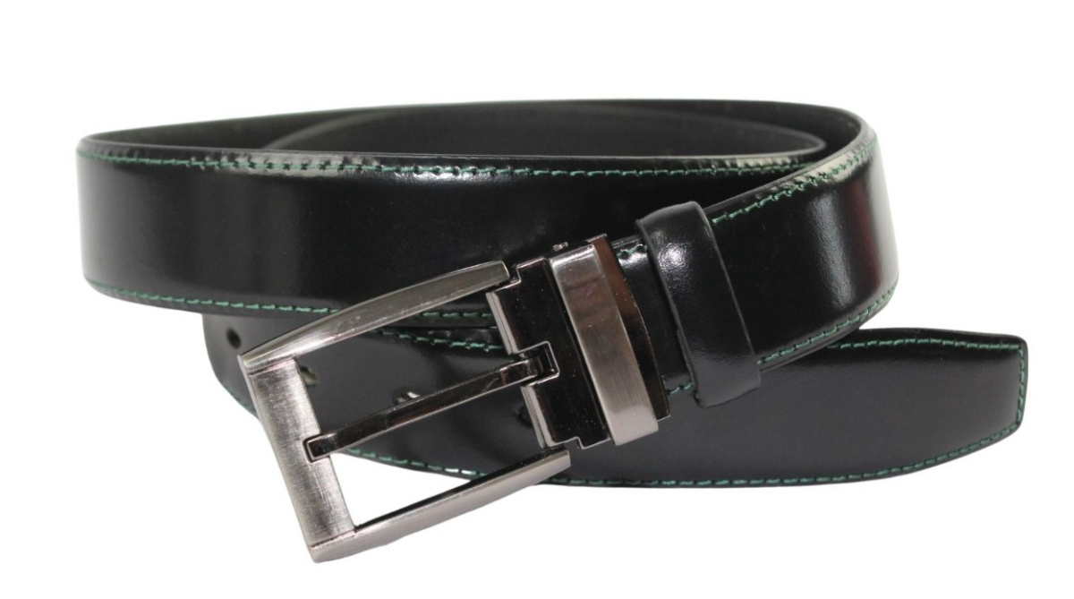 Pasek Męski Skórzany MASSIMO (PL) Skóra Licowa EXTRA Gładki  Klamra Nowoczesna 35 mm CZARNY Z Zieloną Nitką