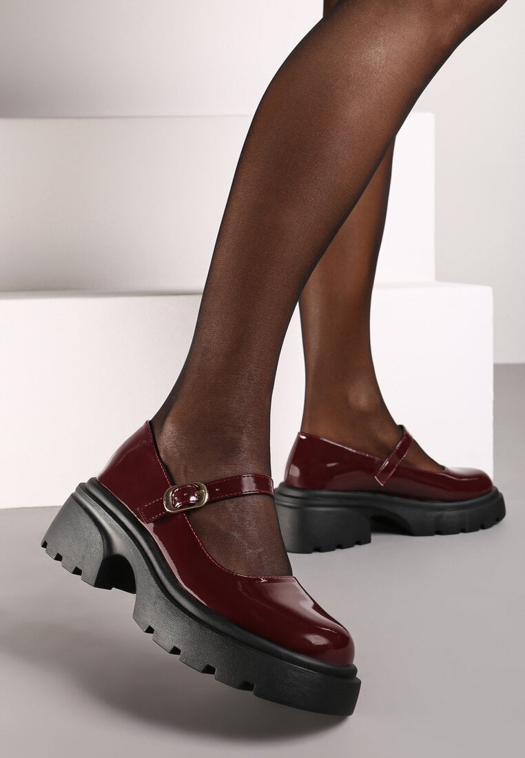 Bordowe Półbuty Mary Jane na Grubej Podeszwie Ozdobione Paskiem Vailinae