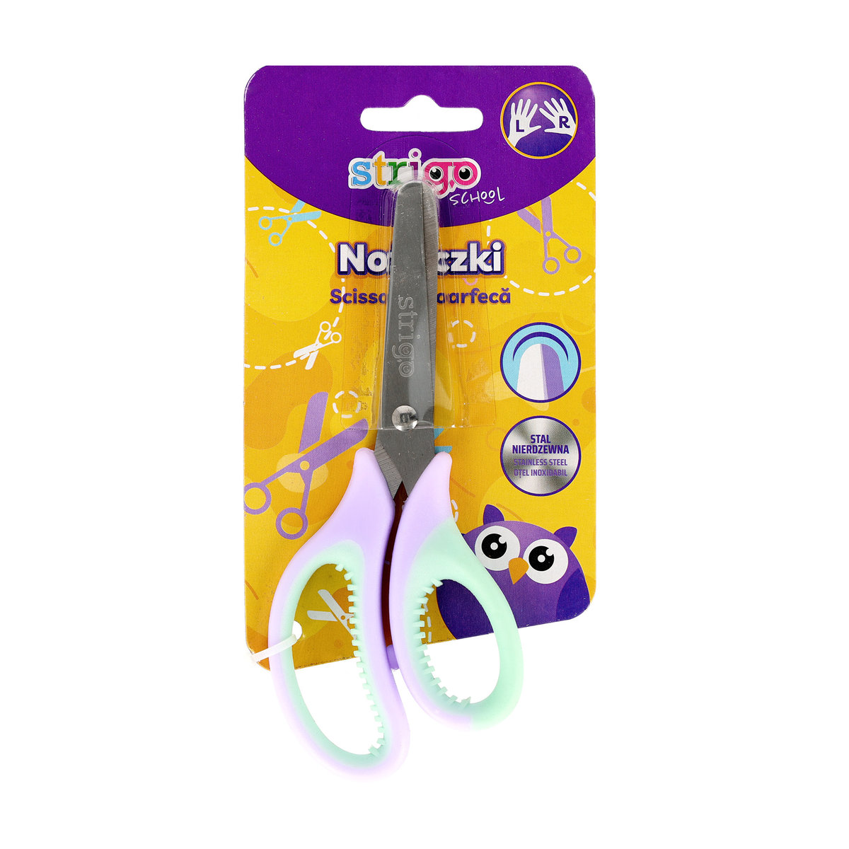 Nożyczki szkolne dla leworęcznych i praworęcznych Strigo fioletowo-miętowe