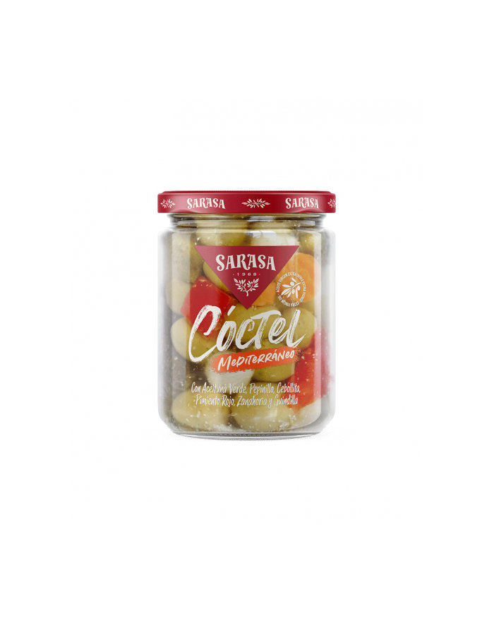 Mix warzywno owocowy SARASA ''Coctel Mediterraneo'' słoik 435g / zielone oliwki, cebulki koktajlowe, małe korniszony, papryka, marchew oraz papryczk..