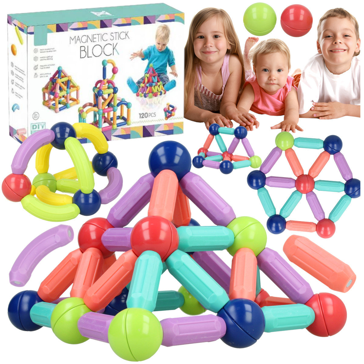 Klocki Magnetyczne Edukacyjne 2D 3D Magnetic Block 120el. - Kreatywna Zabawa Z922