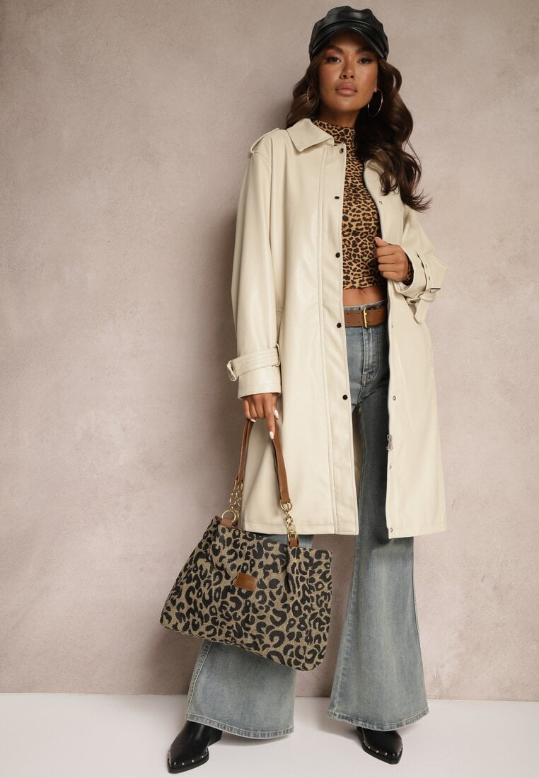 Beżowy Płaszcz Trencz z Paskiem w Talii i Kieszeniami Mailora